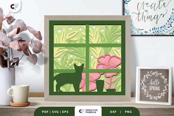 Cat in Floral Window 3D Shadow Box SVG