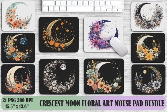 Crescent Moon Floral Art Backgrounds Bundle