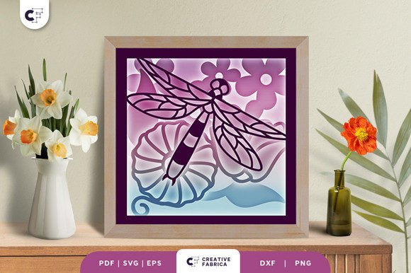 Dragonfly with Flowers 3D Shadow Box SVG