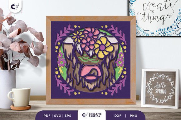 Floral Cow Head 3D Shadow Box Paper Cut