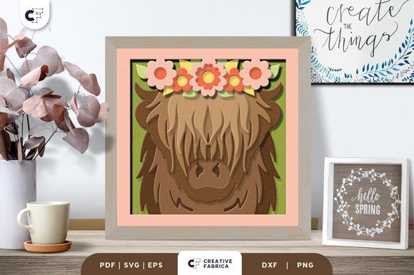 Floral Highland Cow Head 3D Shadow Box