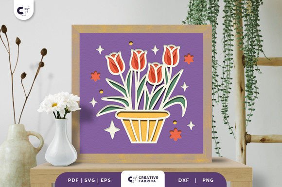 Potted Tulip Flower 3D Shadow Box SVG